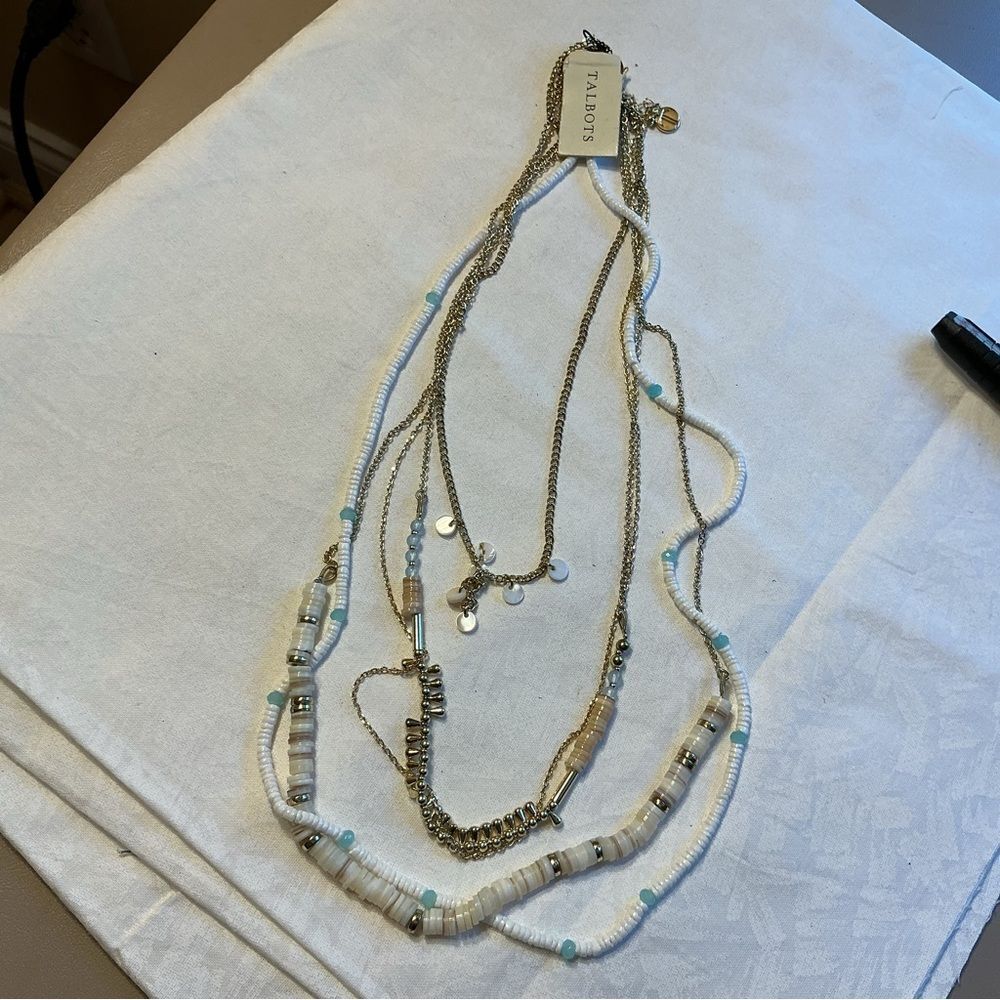 Talbots Brand 5 Strand Goldtone and Shell Beads Long Necklace - Picture 2 of 8